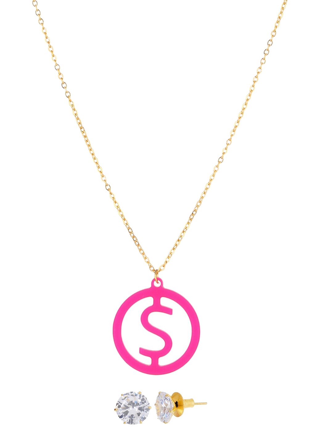 

GoldNera Gold-Toned Pink S Alphabet Pendant Set