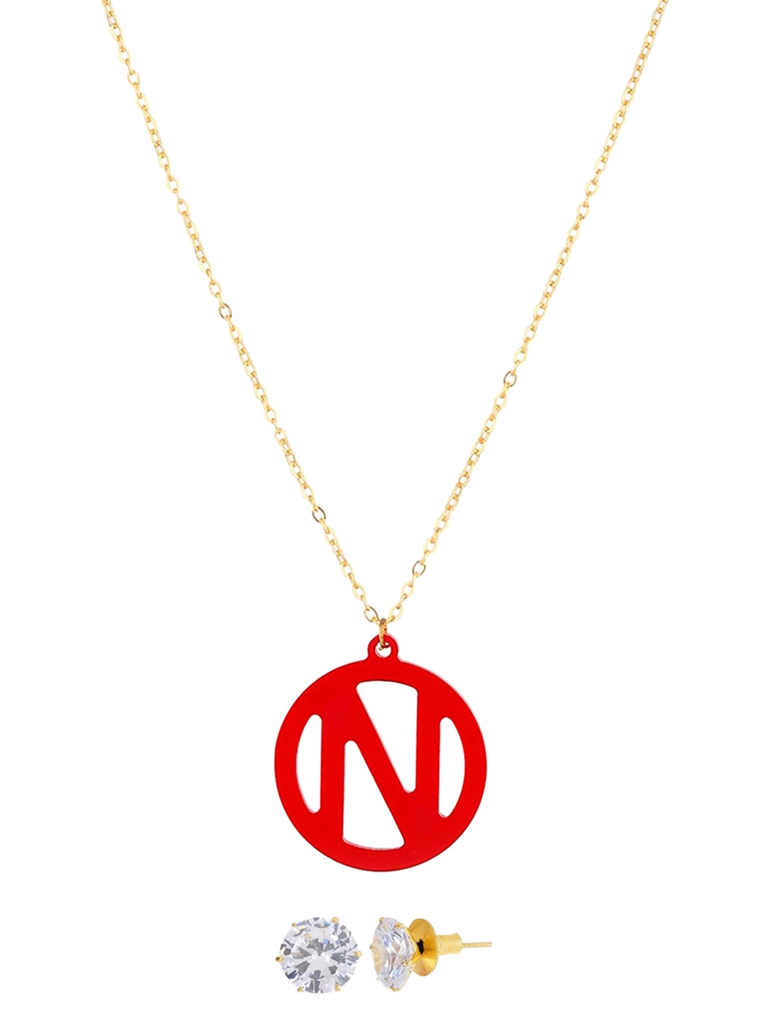 

Goldnera Gold-Toned Red N Alphabet Pendant Chain with Stud