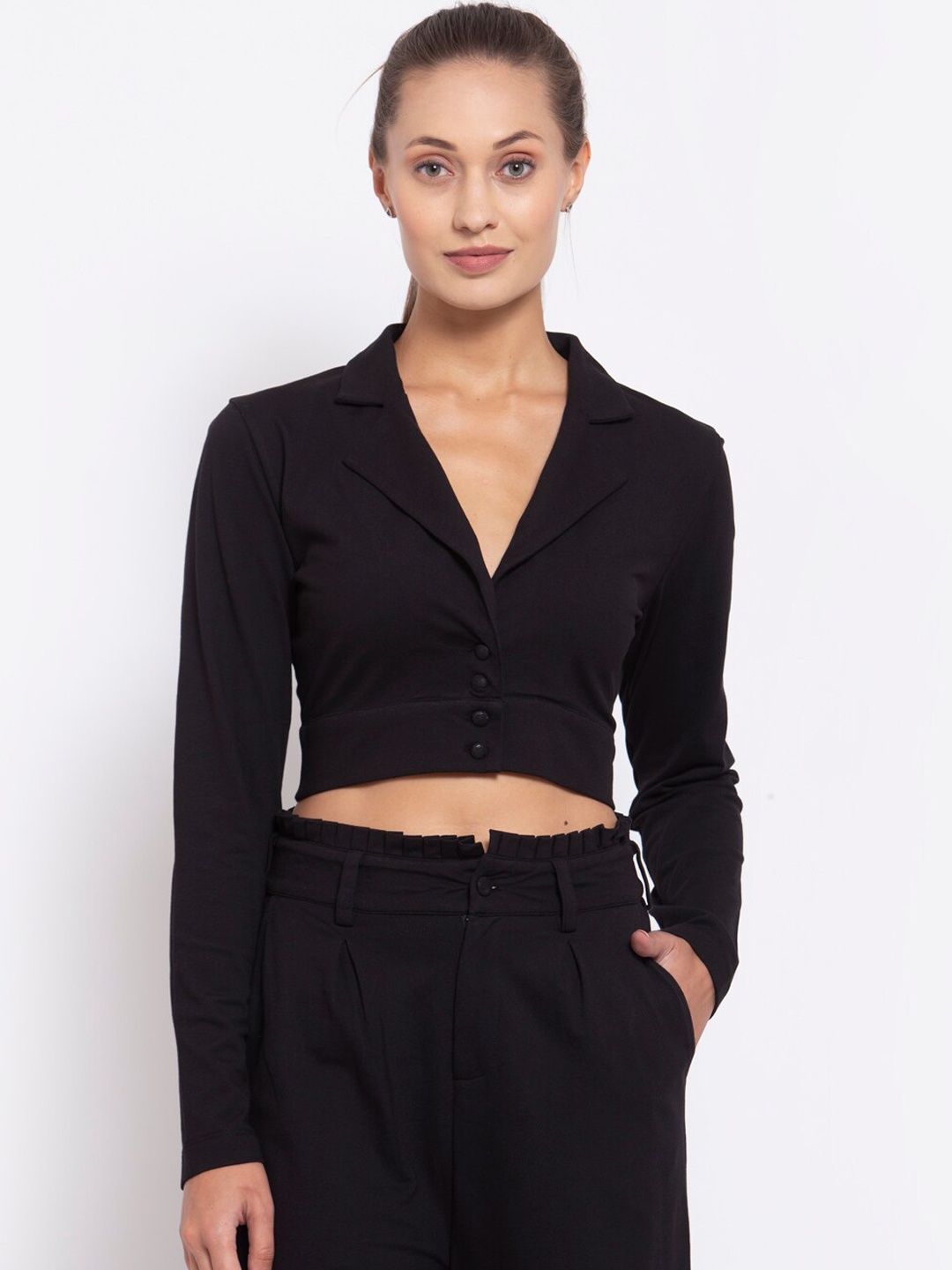 

YOONOY Women Black Solid Single-Breasted Pure Cotton Cropped Blazer 100% cotton