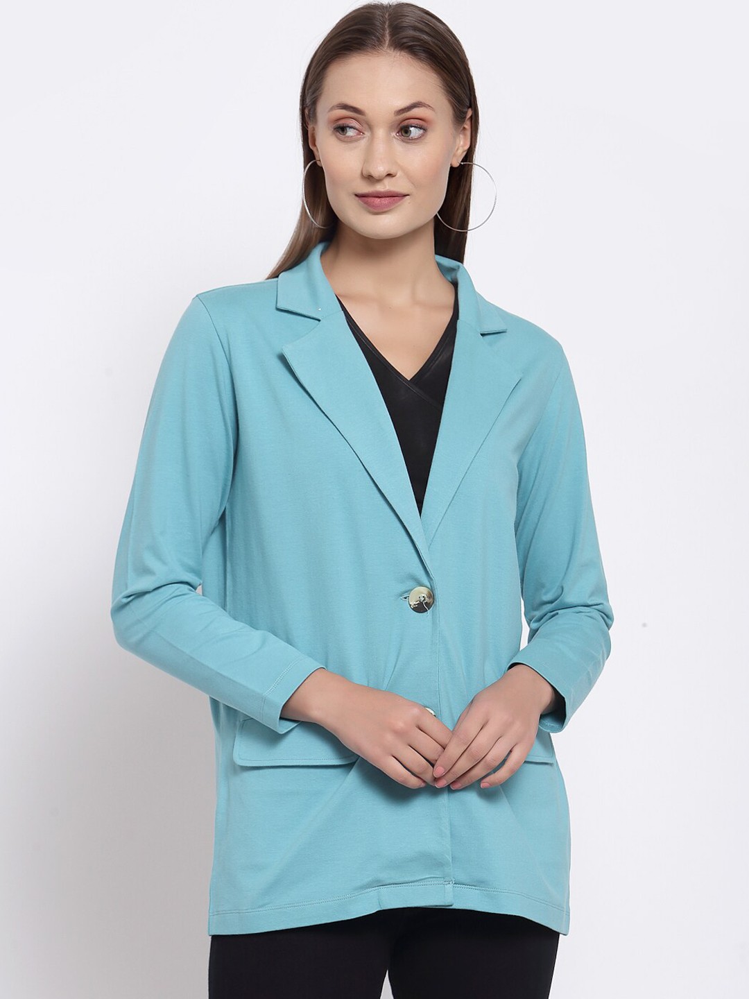 

YOONOY Women Sea Green Solid Pure Cotton Single-Breasted Casual Blazer