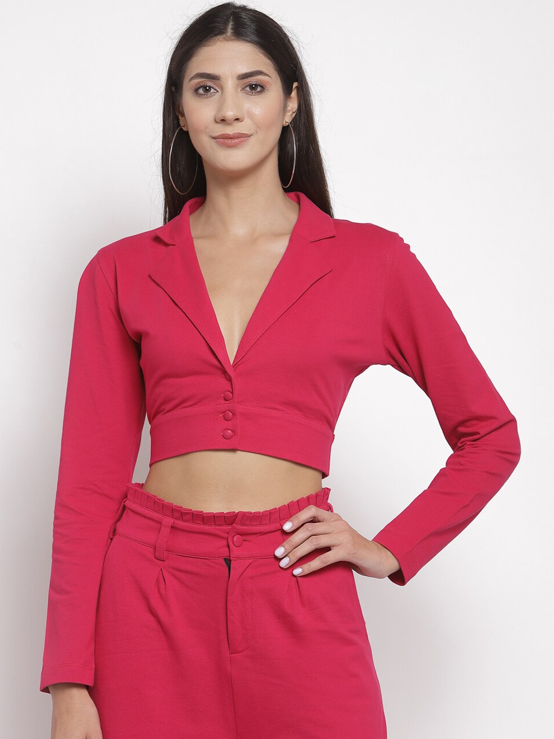 

YOONOY Women Pink Solid Pure Cotton Single-Breasted Blazer