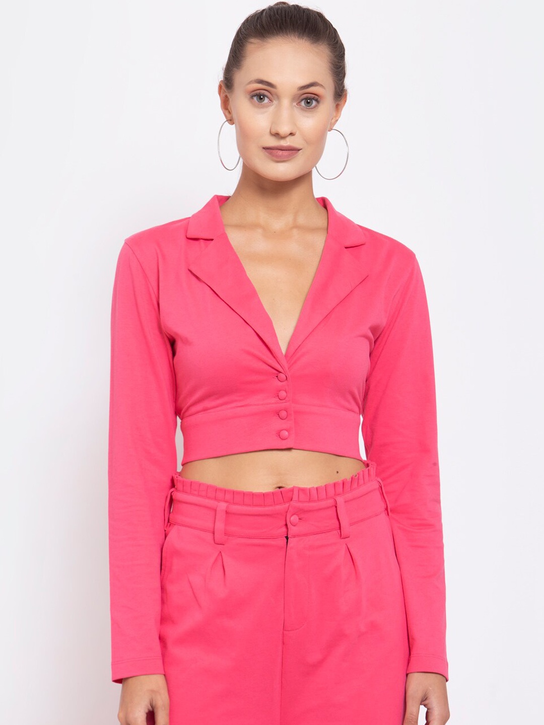 

YOONOY Women Pink Solid Pure Cotton Single-Breasted Casual Blazer