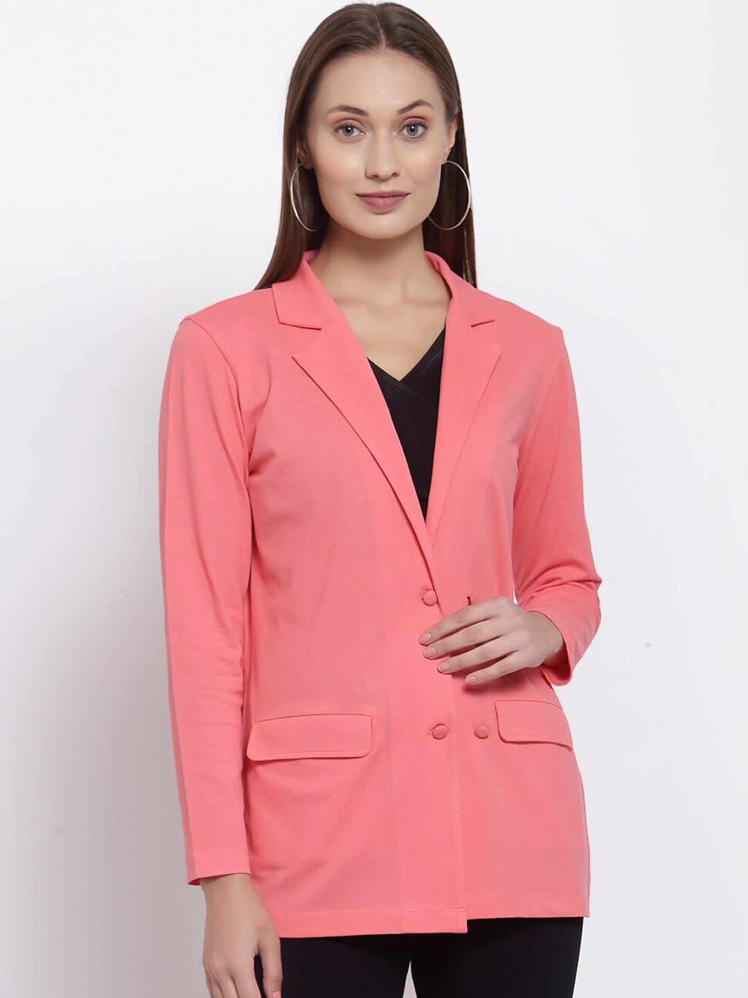 

YOONOY Women Peach-Coloured Solid Single Breasted Pure Cotton Casual Blazer