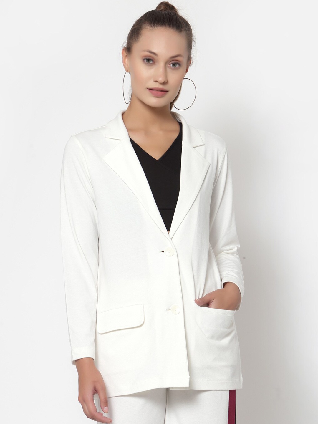 

YOONOY Women Cream-Colored Solid Single-Breasted Cotton Blazer