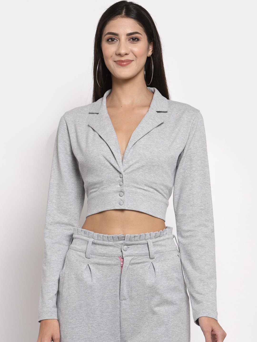 

YOONOY Women Grey-Melange Solid Pure Cotton Single-Breasted Casual Blazer