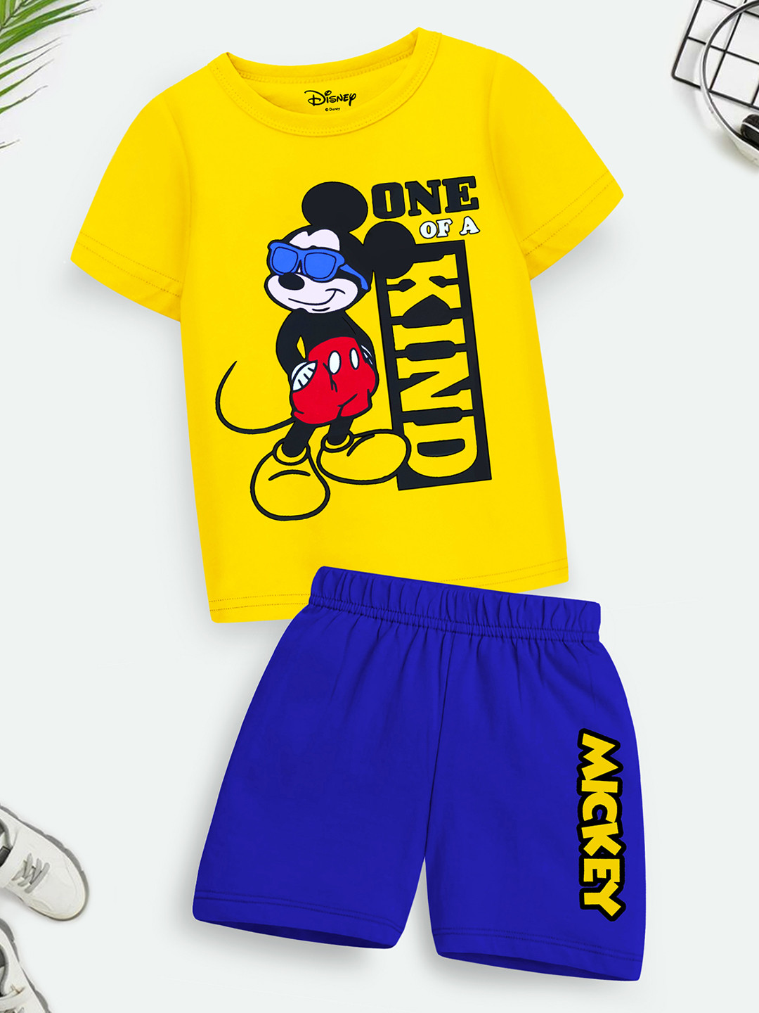 

YK Disney Kids Yellow & Blue Mickey Mouse Printed T-shirt with Shorts