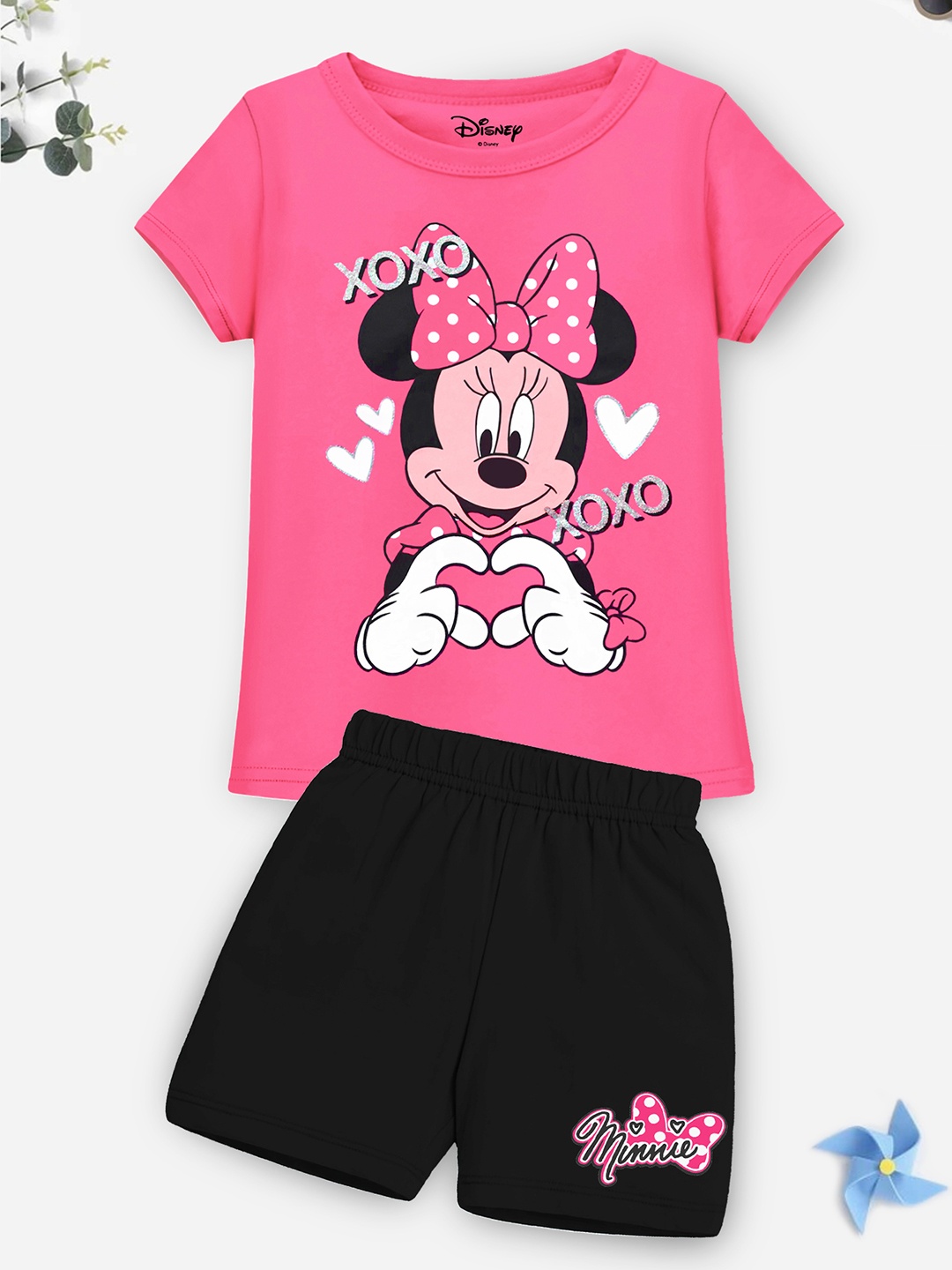 

YK Disney Girls Pink & Black Minnie Mouse Printed T-shirt with Shorts