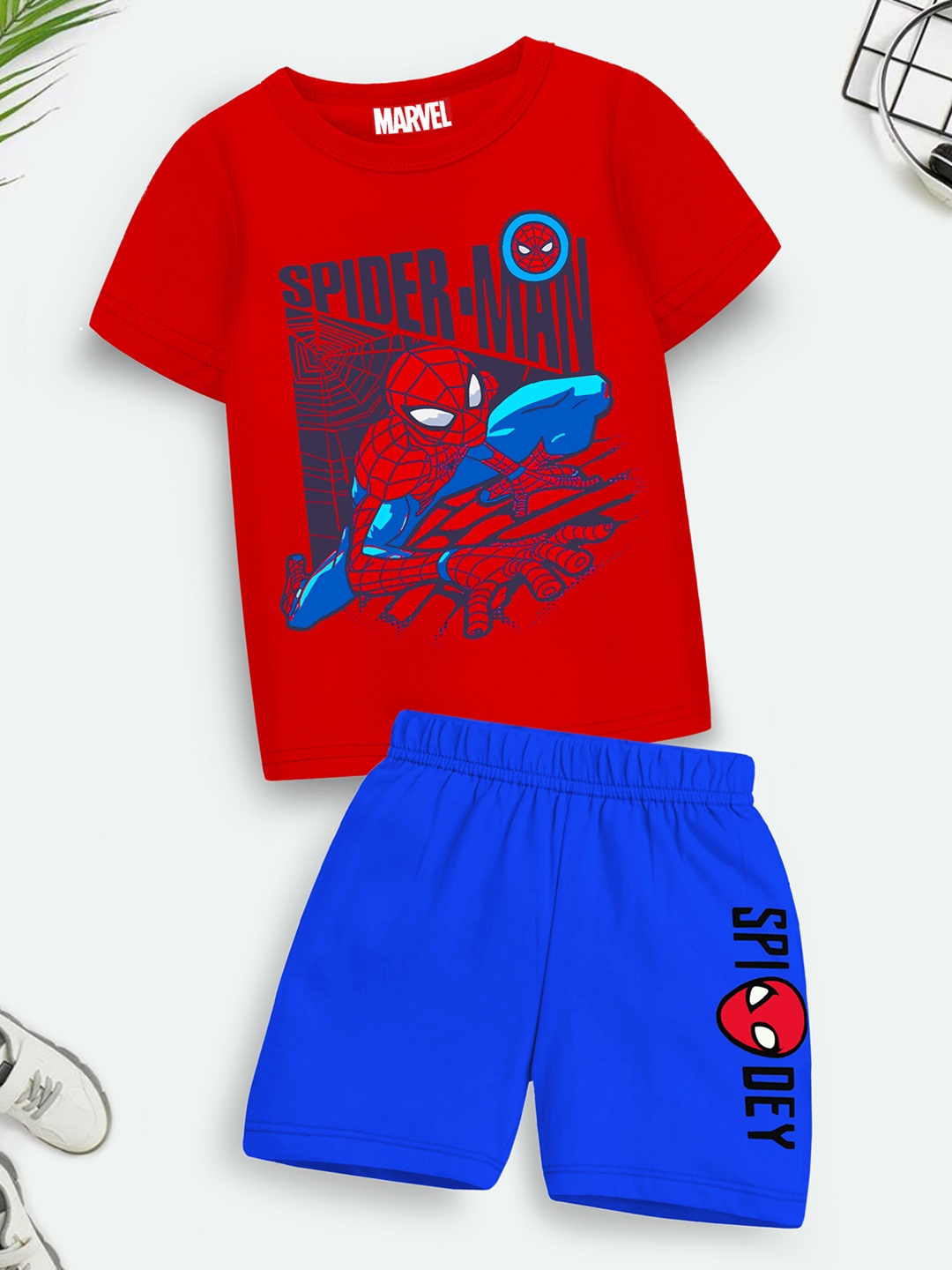 

YK Marvel Boys Red & Blue Spider-Man Printed T-shirt with Shorts