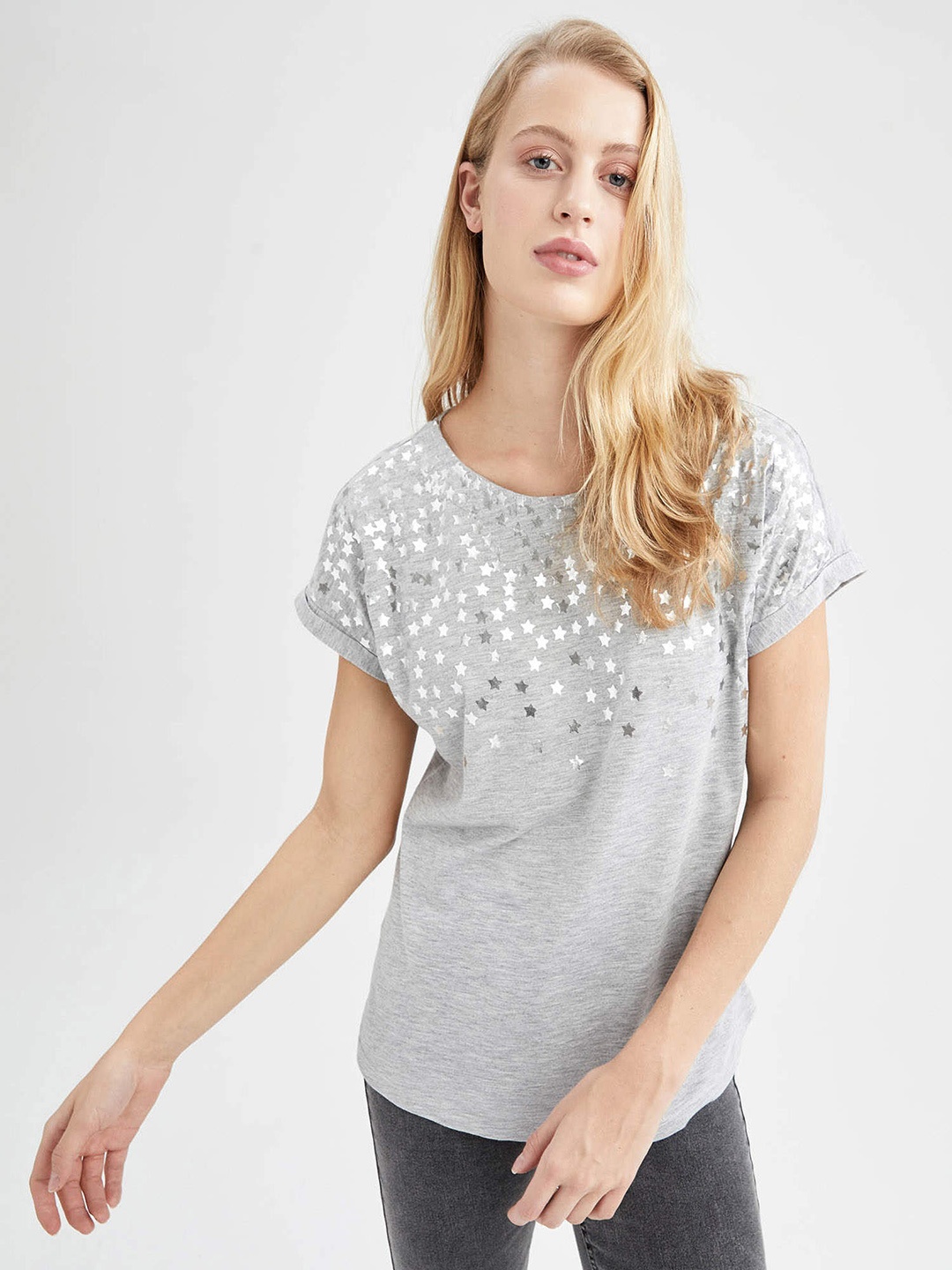 

DeFacto Women Grey Melange & White Printed Extended Sleeves T-shirt