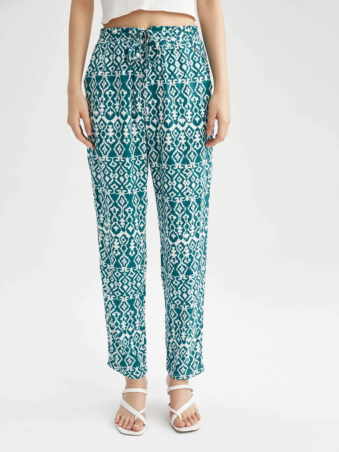 

DeFacto Women Teal Blue & White Ethnic Motifs Printed Trousers