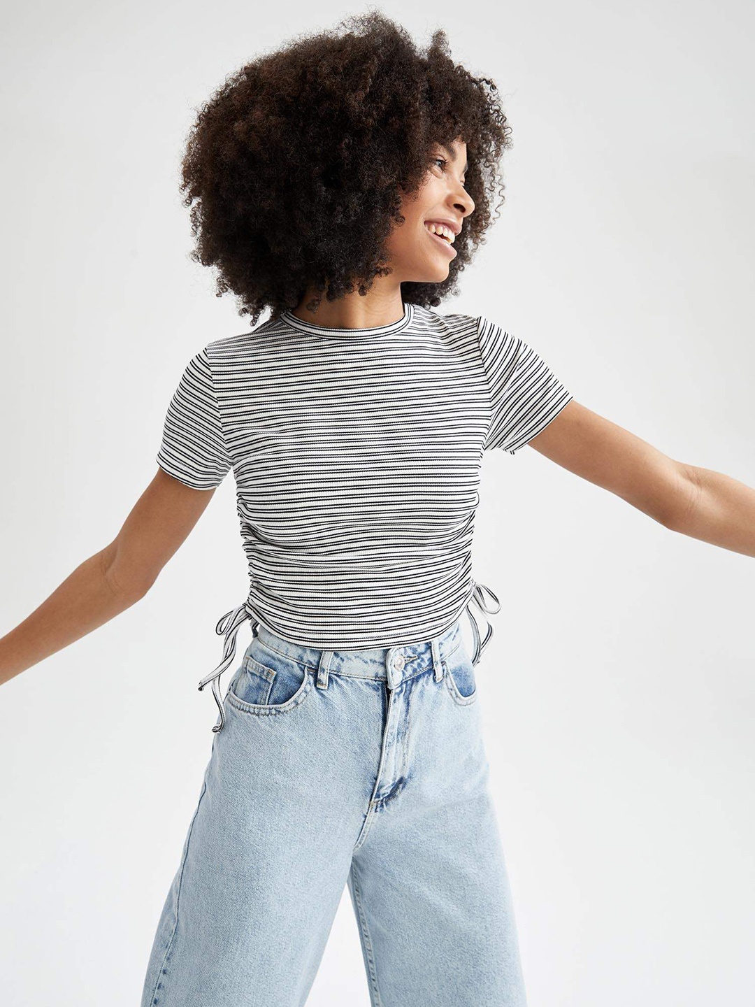 

DeFacto Women White & Black Striped Ruched Top