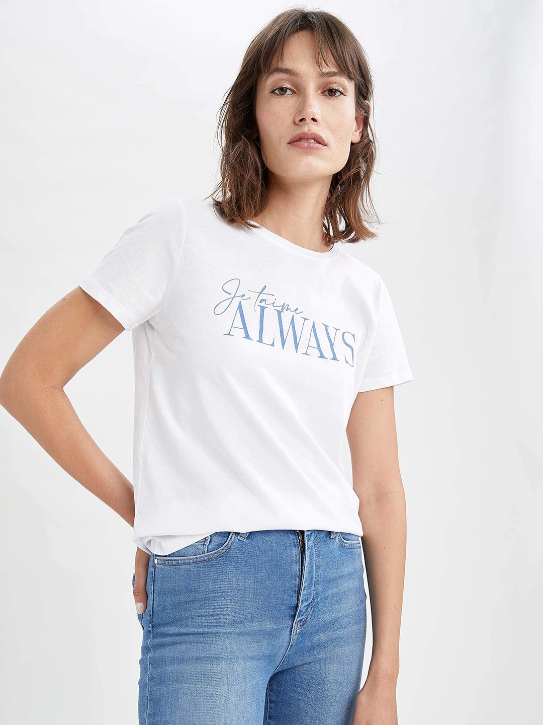 

DeFacto Women White & Blue Typography Printed Pure Cotton T-shirt