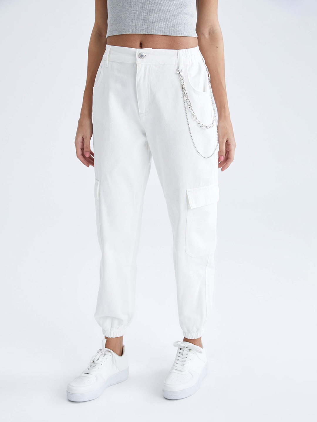 

DeFacto Women White Solid Pure Cotton Cargo Joggers
