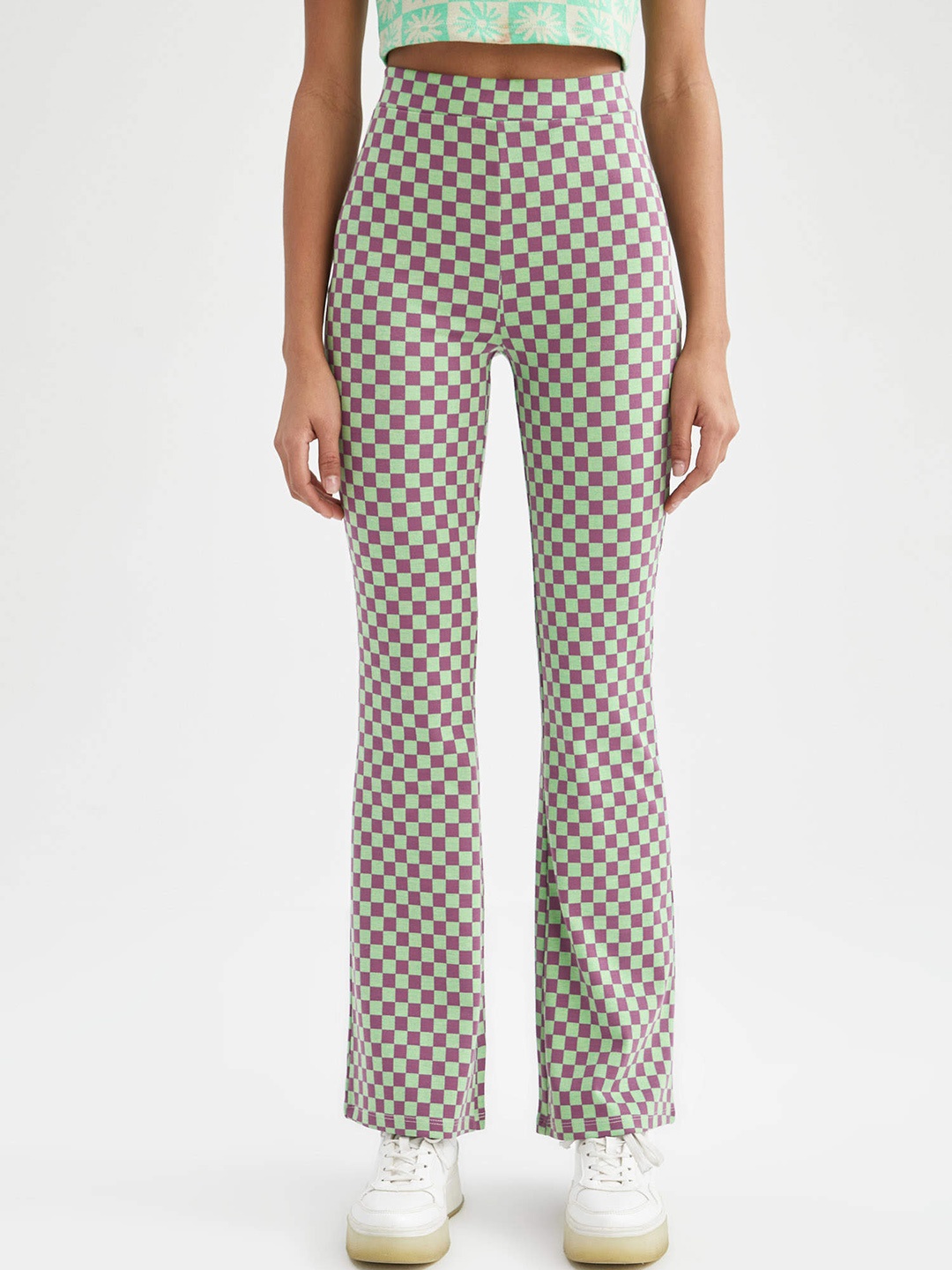 

DeFacto Women Mint Green & Purple Checked High Rise Trousers