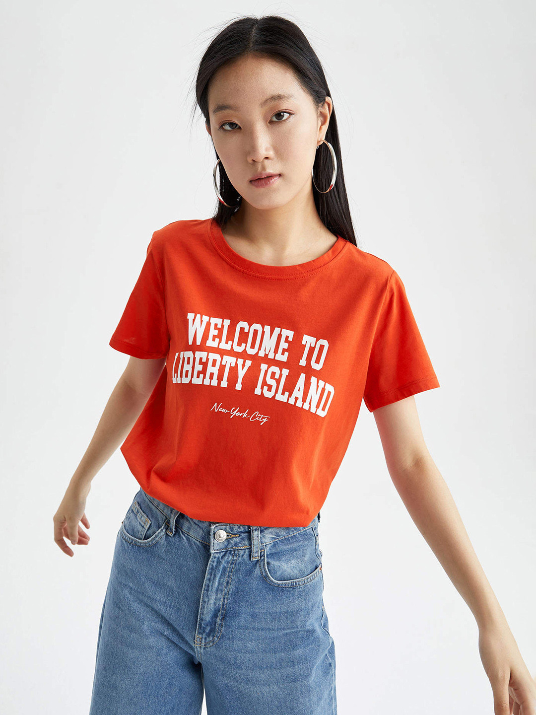 

DeFacto Women Orange Typography Printed Pure Cotton T-shirt