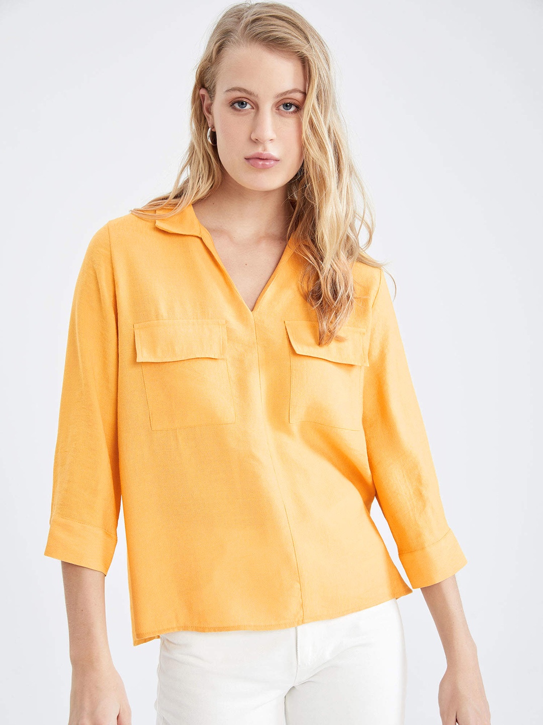 

DeFacto Women Yellow Solid Shirt Style Top