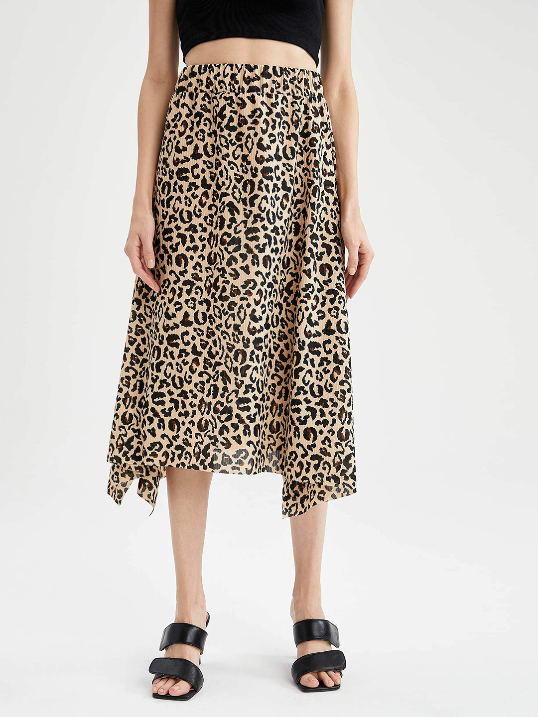 

DeFacto Women Beige & Black Animal Print Flared Midi Skirt