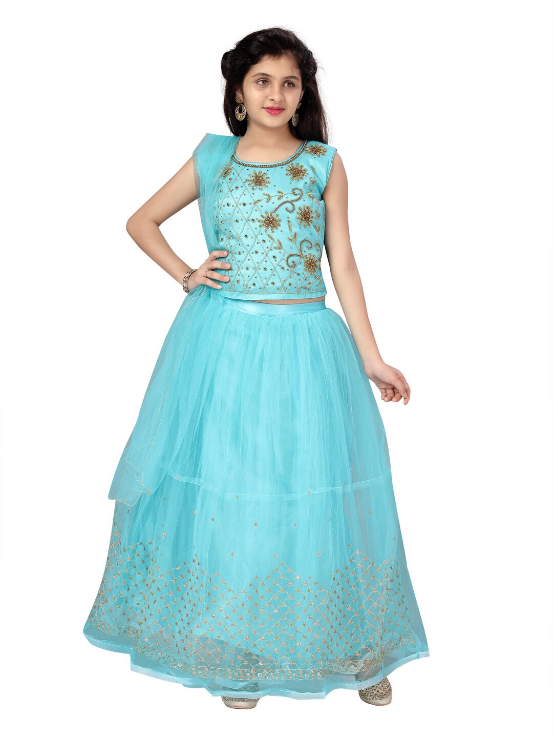 

Aarika Girls Turquoise Blue Embellished Beads and Stones Ready to Wear Lehenga Choli Set