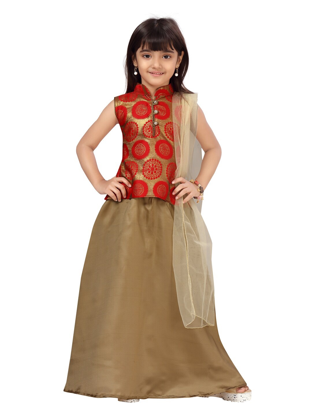 

Aarika Girls Red & Olive Green Ready to Wear Lehenga Choli