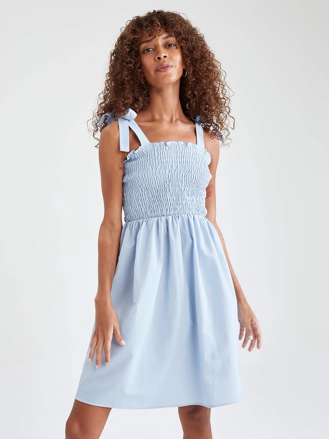 

DeFacto Blue Solid Smocked A-Line Dress