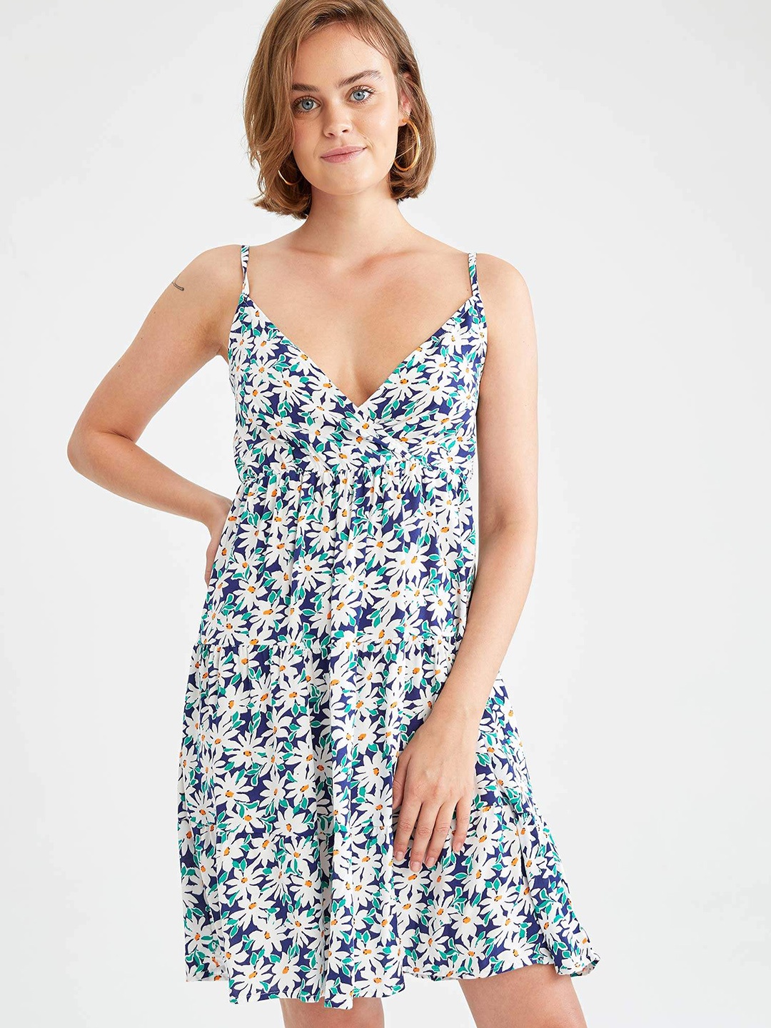 

DeFacto Blue & White Floral Print Dress