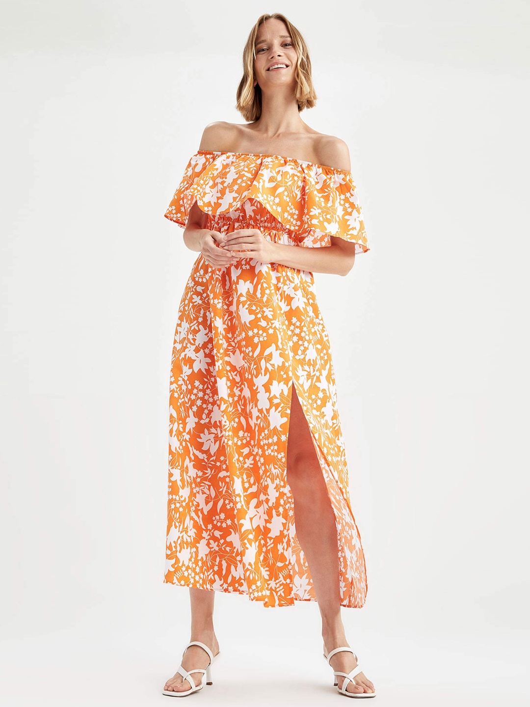 

DeFacto Women Orange & White Floral Off Shoulder A-Line Midi Dress