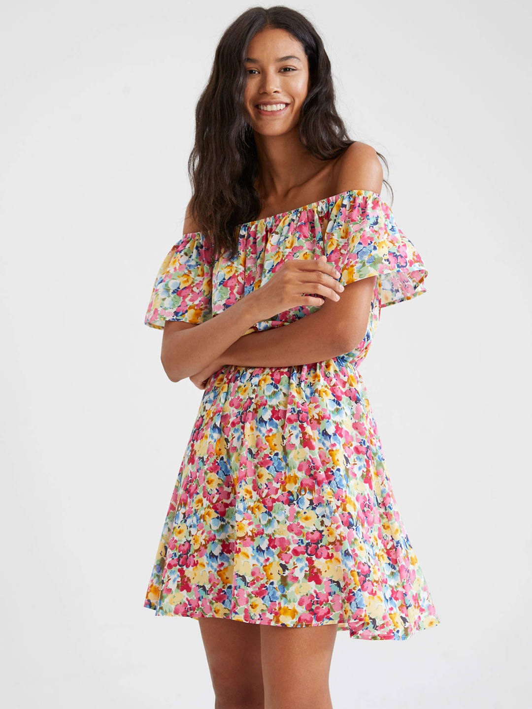 

DeFacto Pink & Blue Floral Print Off-Shoulder A-Line Dress