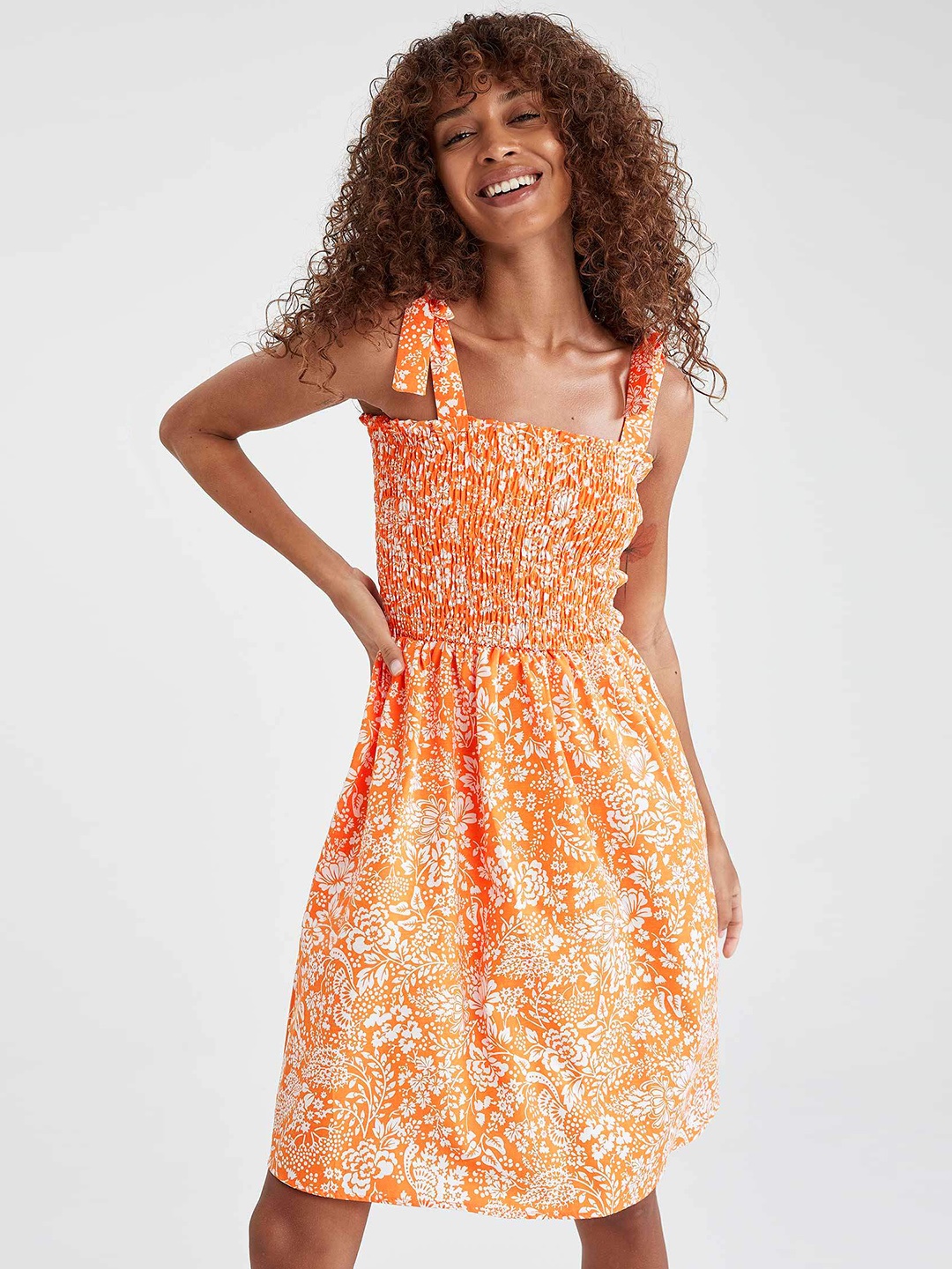 

DeFacto Orange & Off White Floral Print A-Line Dress