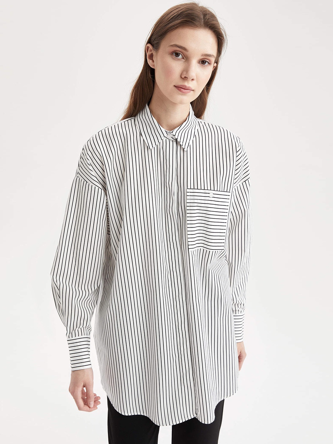 

DeFacto Women White & Black Striped Cotton Shirt