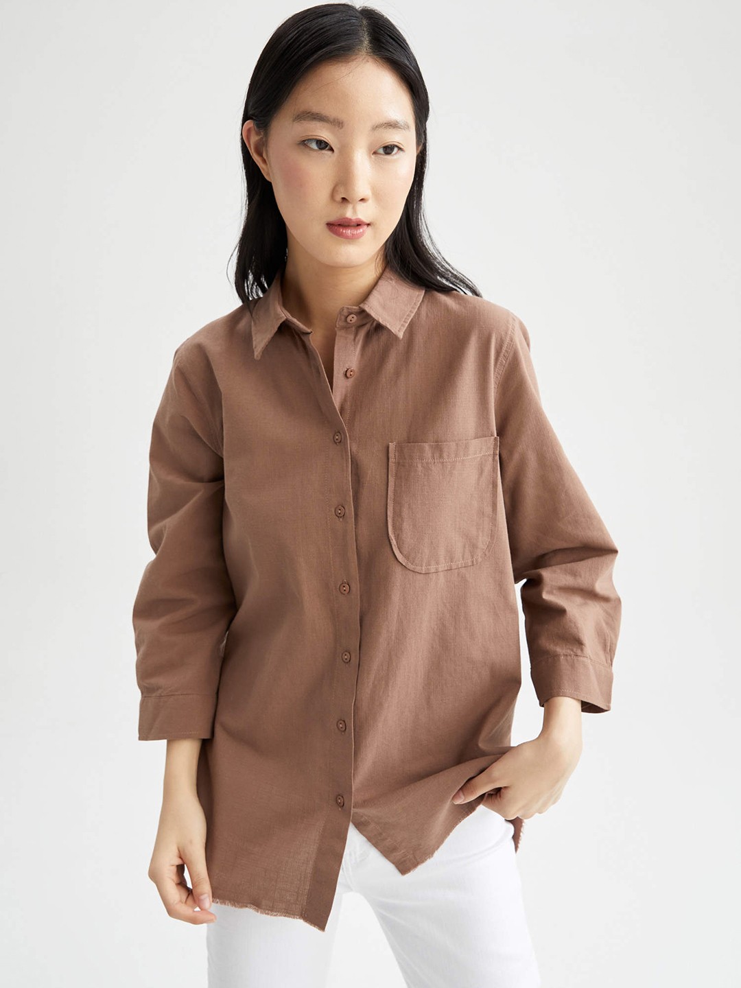 

DeFacto Women Brown Solid Cotton Shirt
