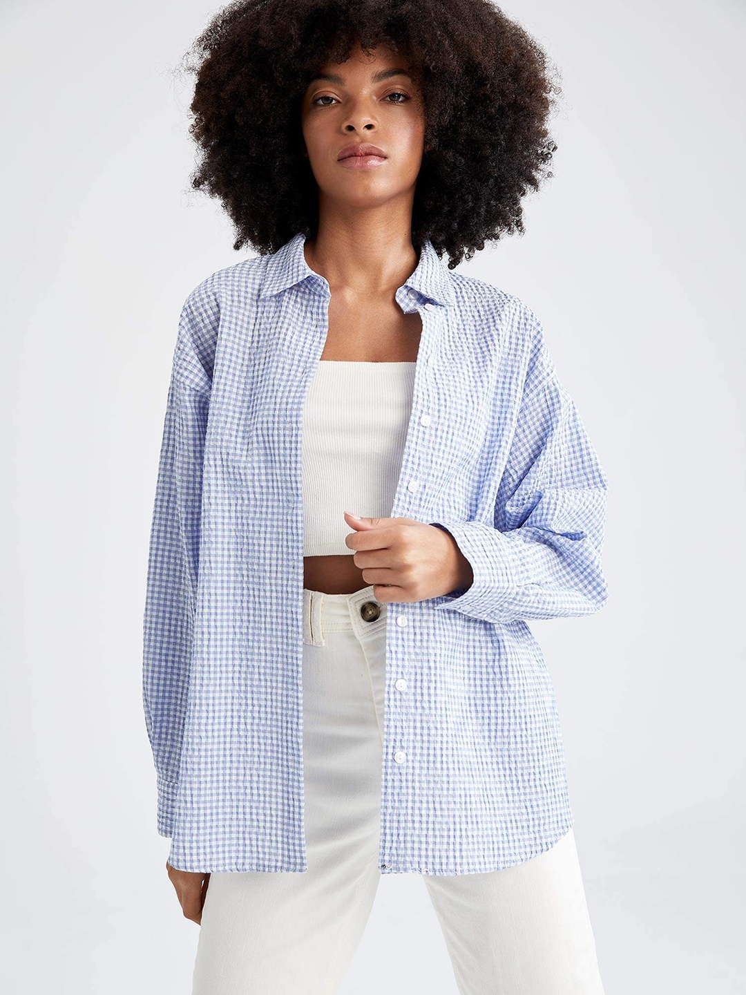 

DeFacto Women Blue & White Gingham Checked Seersucker Casual Shirt