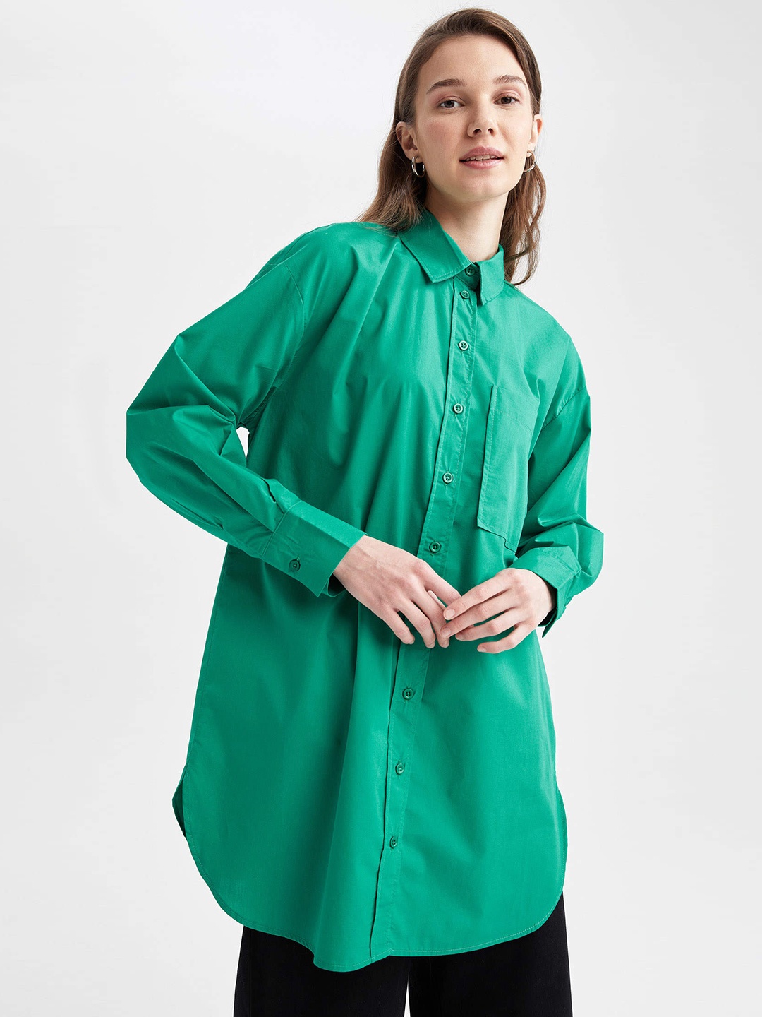

DeFacto Women Green Solid Cotton Shirt