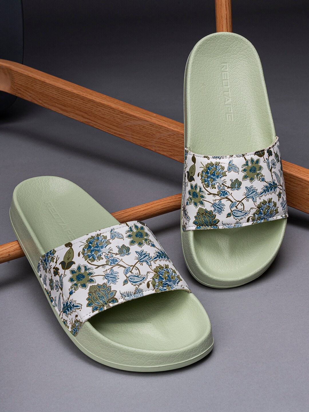 

Red Tape Women Green & White Printed Sliders