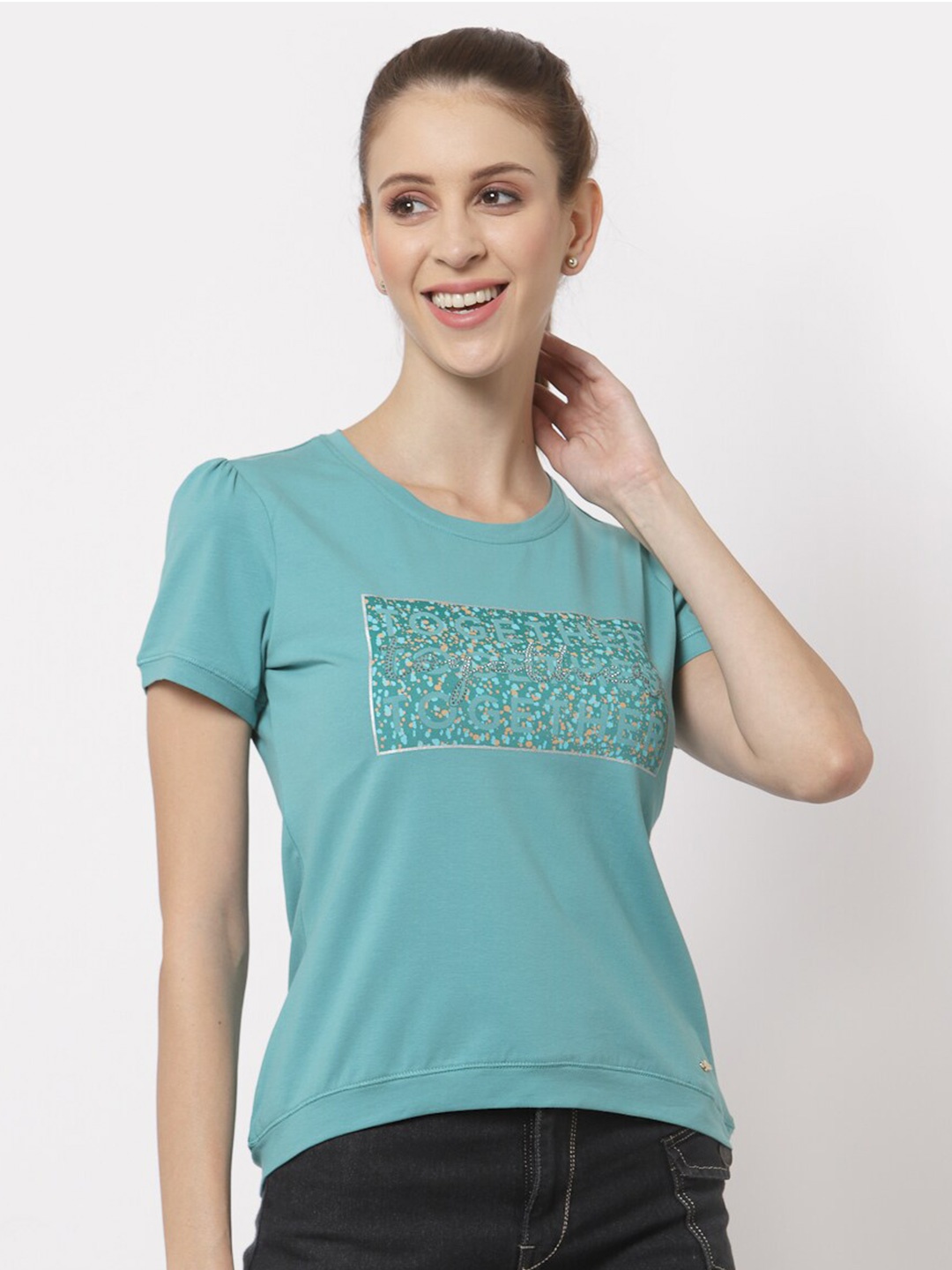 

Juelle Teal Typography Printed Top