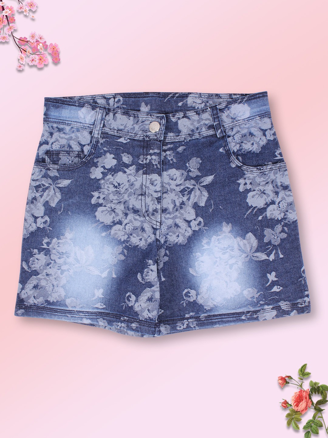 

CUTECUMBER Girls Blue Floral Printed Denim Shorts