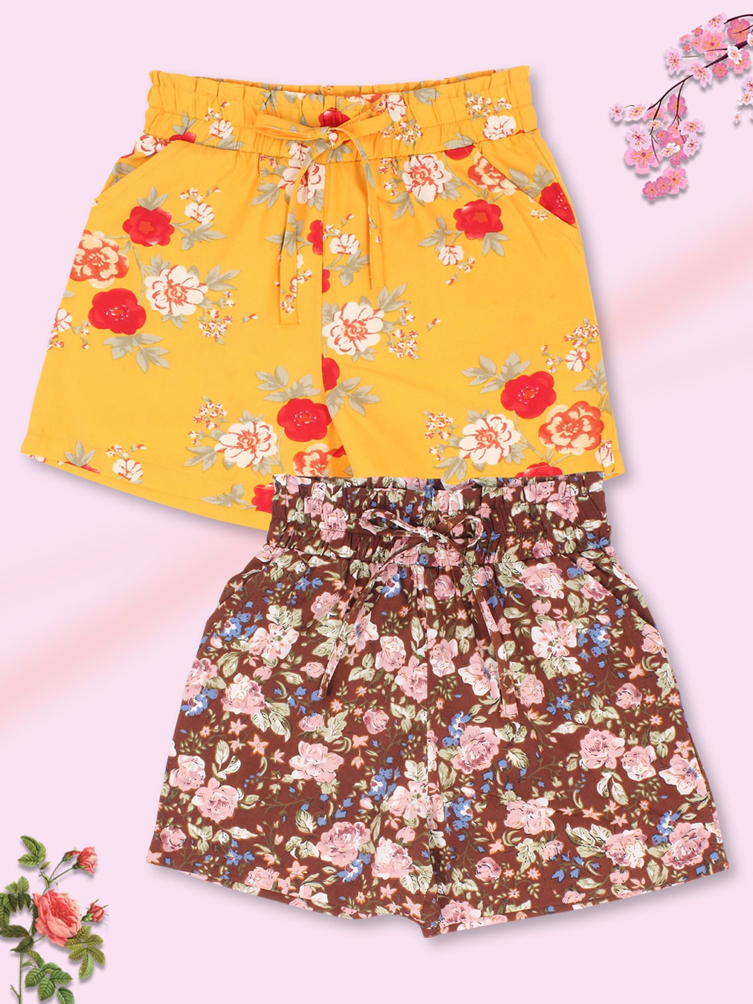 

CUTECUMBER Girls Pack of 2 Brown & Yellow Floral Printed Shorts