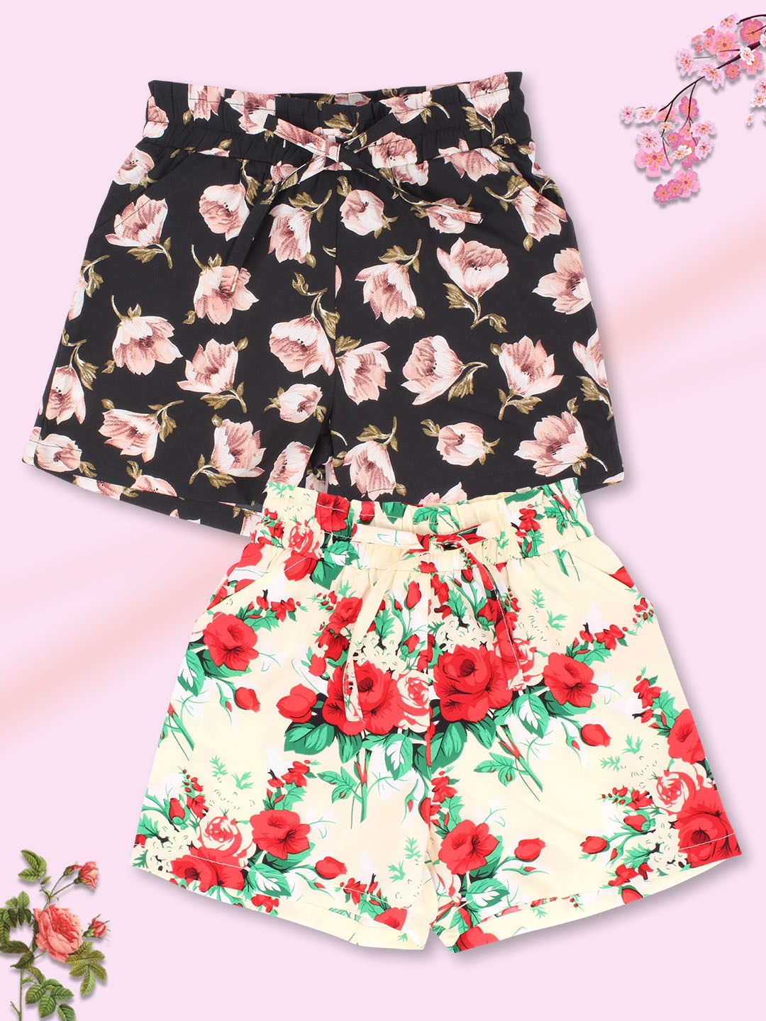 

CUTECUMBER Girls Pack of 2 Floral Printed Shorts, Yellow