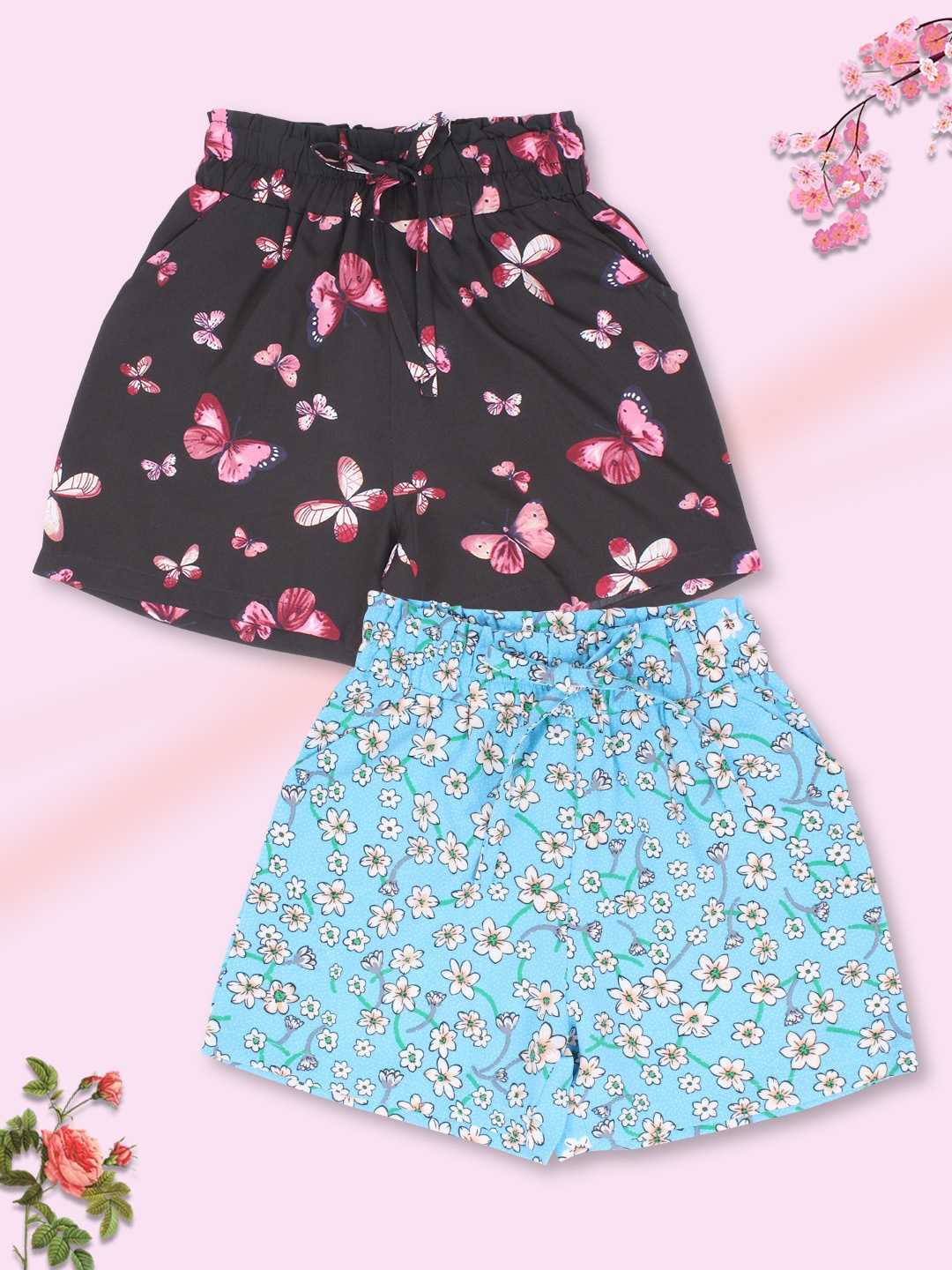 

CUTECUMBER Girls Pack pf 2 Floral Printed Shorts, Blue
