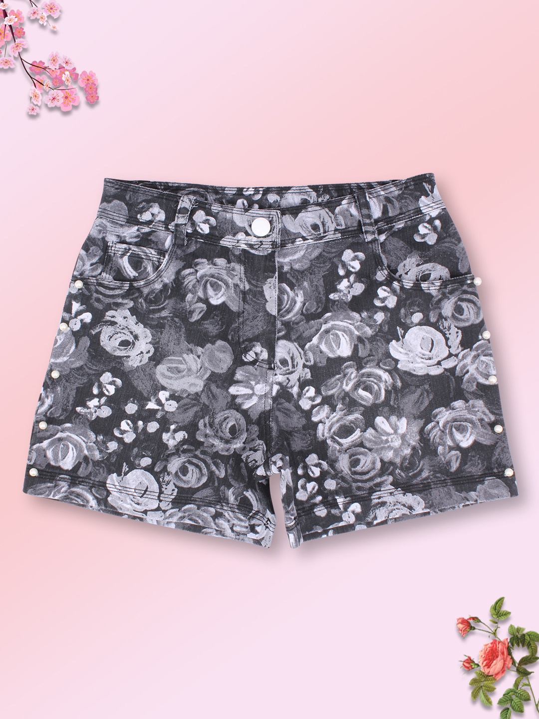 

CUTECUMBER Girls Grey Floral Printed Denim Shorts