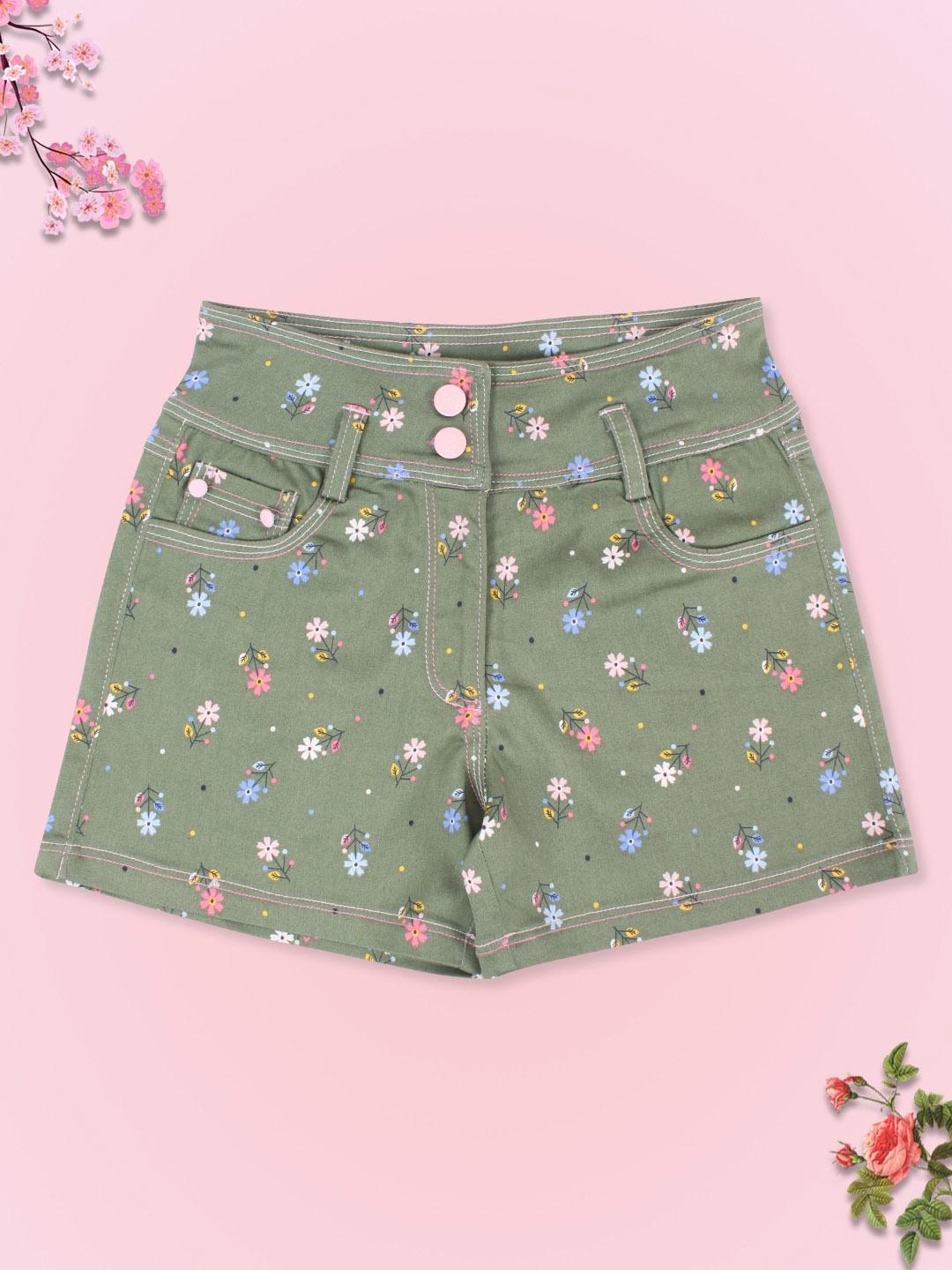 

CUTECUMBER Girls Green Floral Printed Denim Shorts