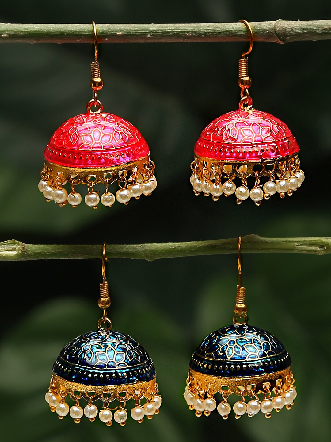 

Yellow Chimes Set of 2 Dome Shaped Jhumkas Earrings, Pink