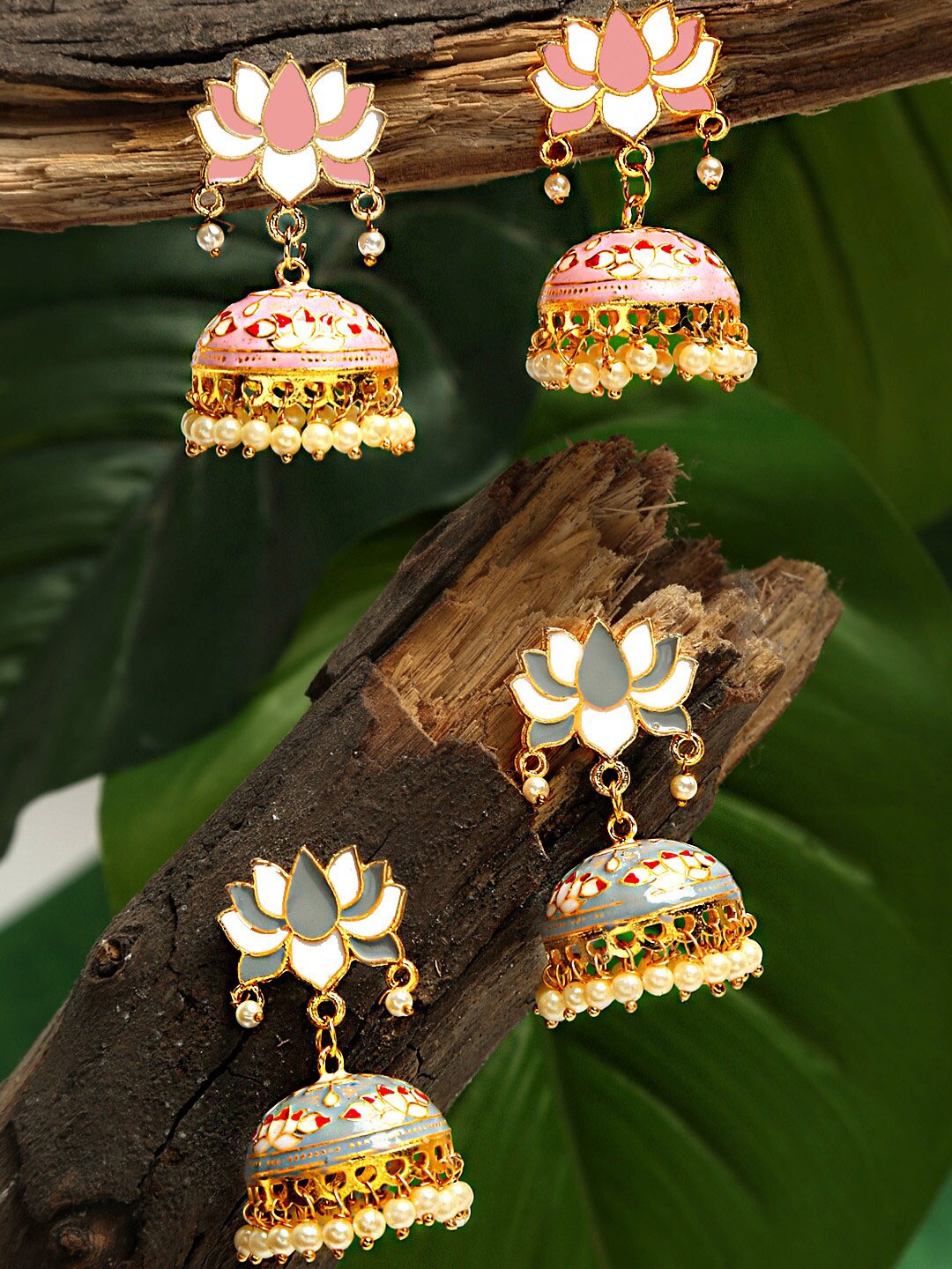 

Yellow Chimes Set of 2 Gold-Plated Dome Shaped Meenakari Jhumkas Earrings, Grey