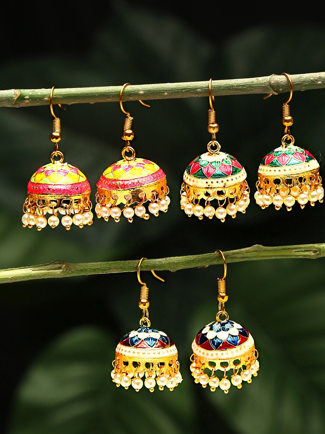 

Yellow Chimes Set Of 3 Gold-Plated Meenakari Jhumka Earrings
