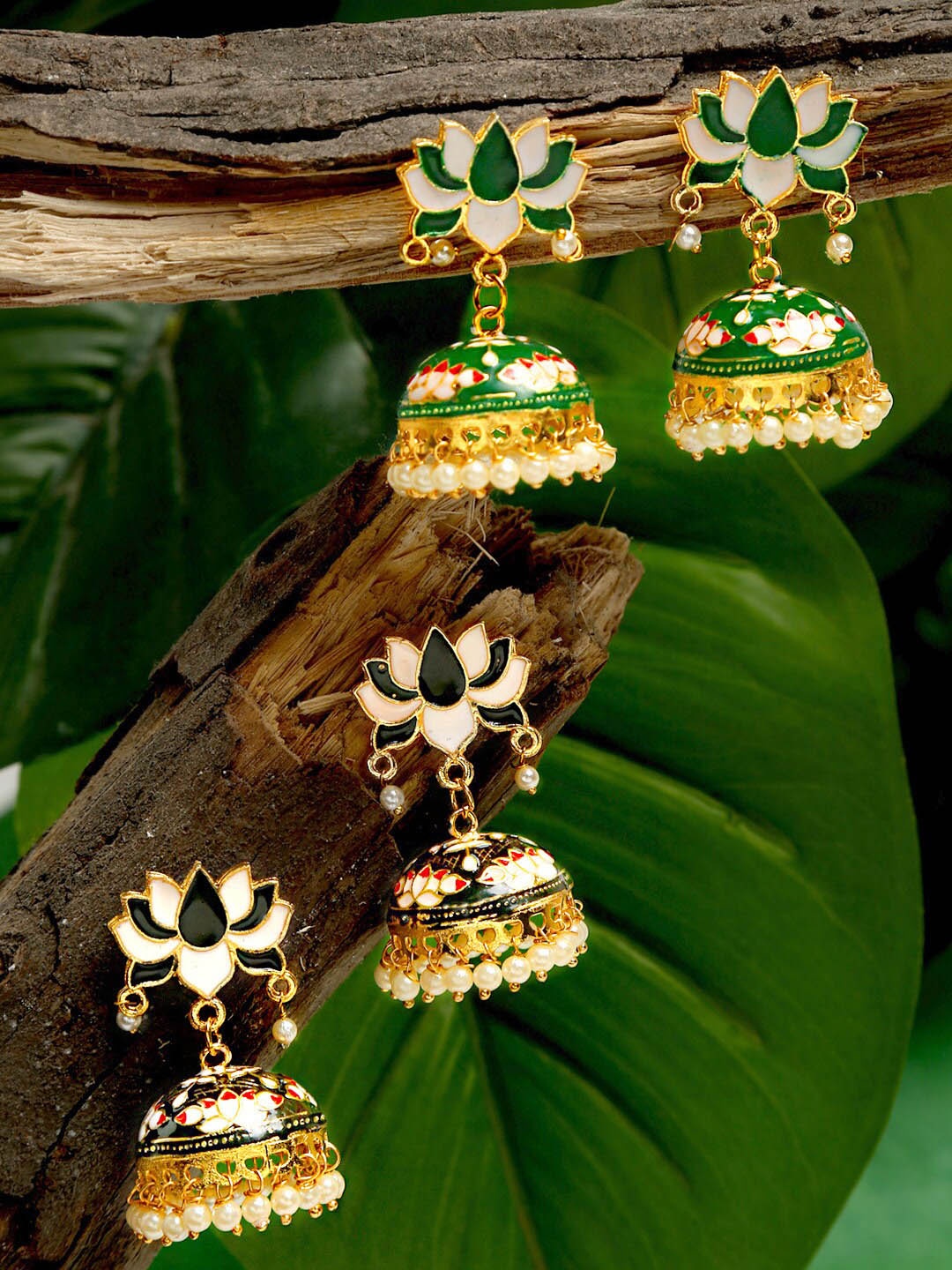 

Yellow Chimes Set of 2 Green & Gold-Plated Dome Shaped Jhumkas