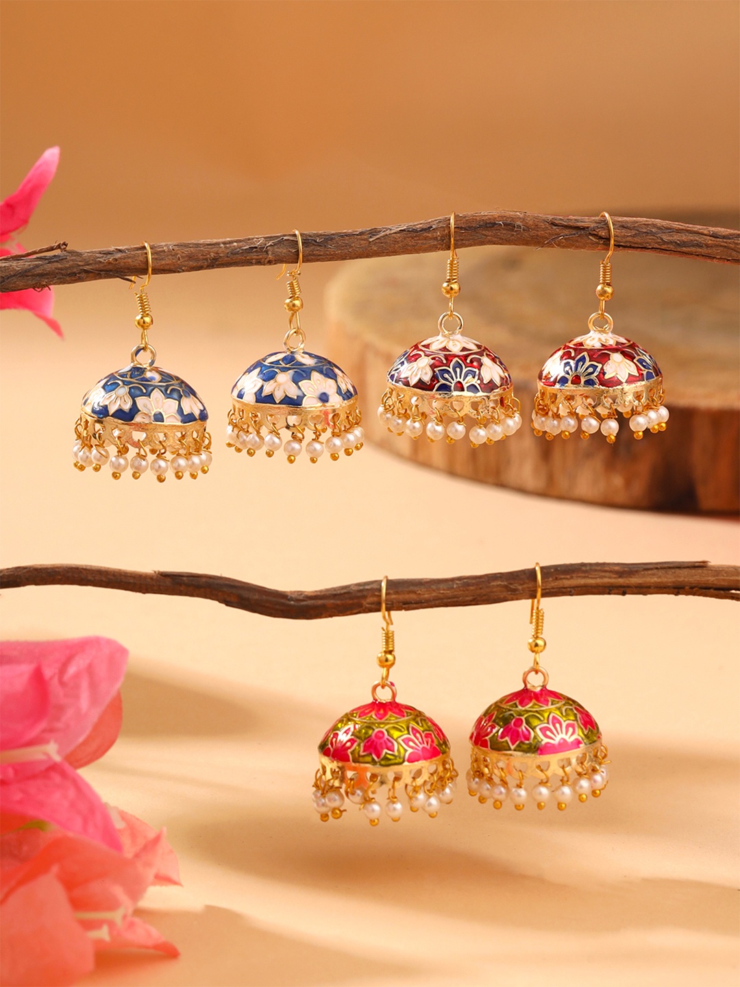 

Yellow Chimes Set Of 3 Pair Gold-Plated Meenakari Jhumka Earrings, Multi