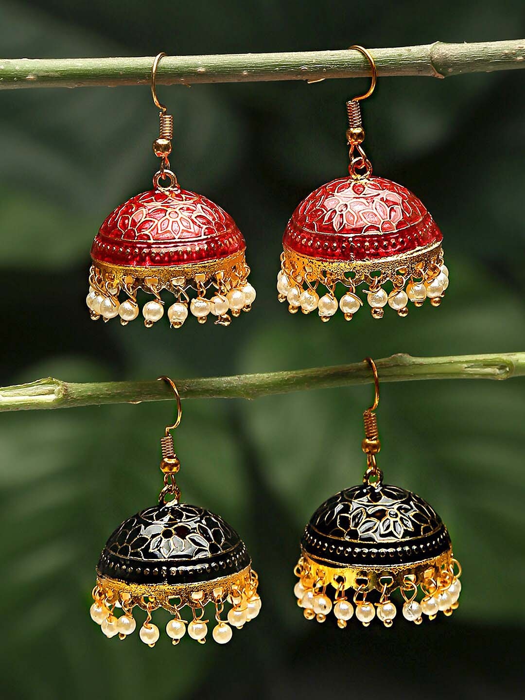 

Yellow Chimes Set Of 2 Pair Gold-Plated Meenakari Jhumka Earrings, Multi