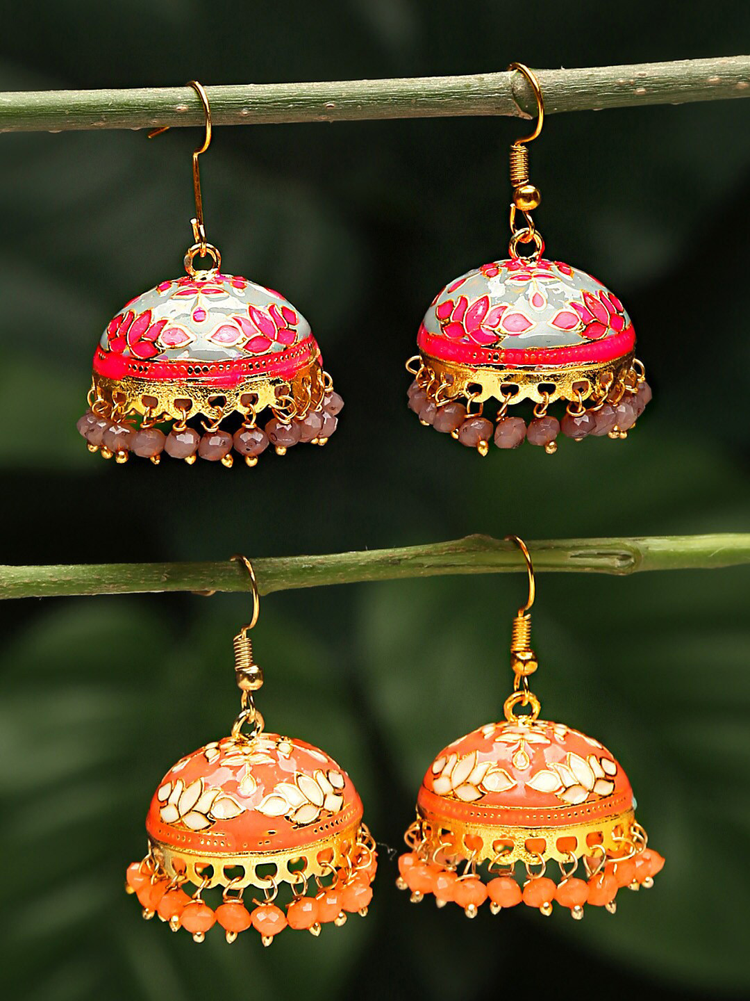 

Yellow Chimes Set Of 2 Gold-Plated Meenakari Jhumka Earrings, Multi
