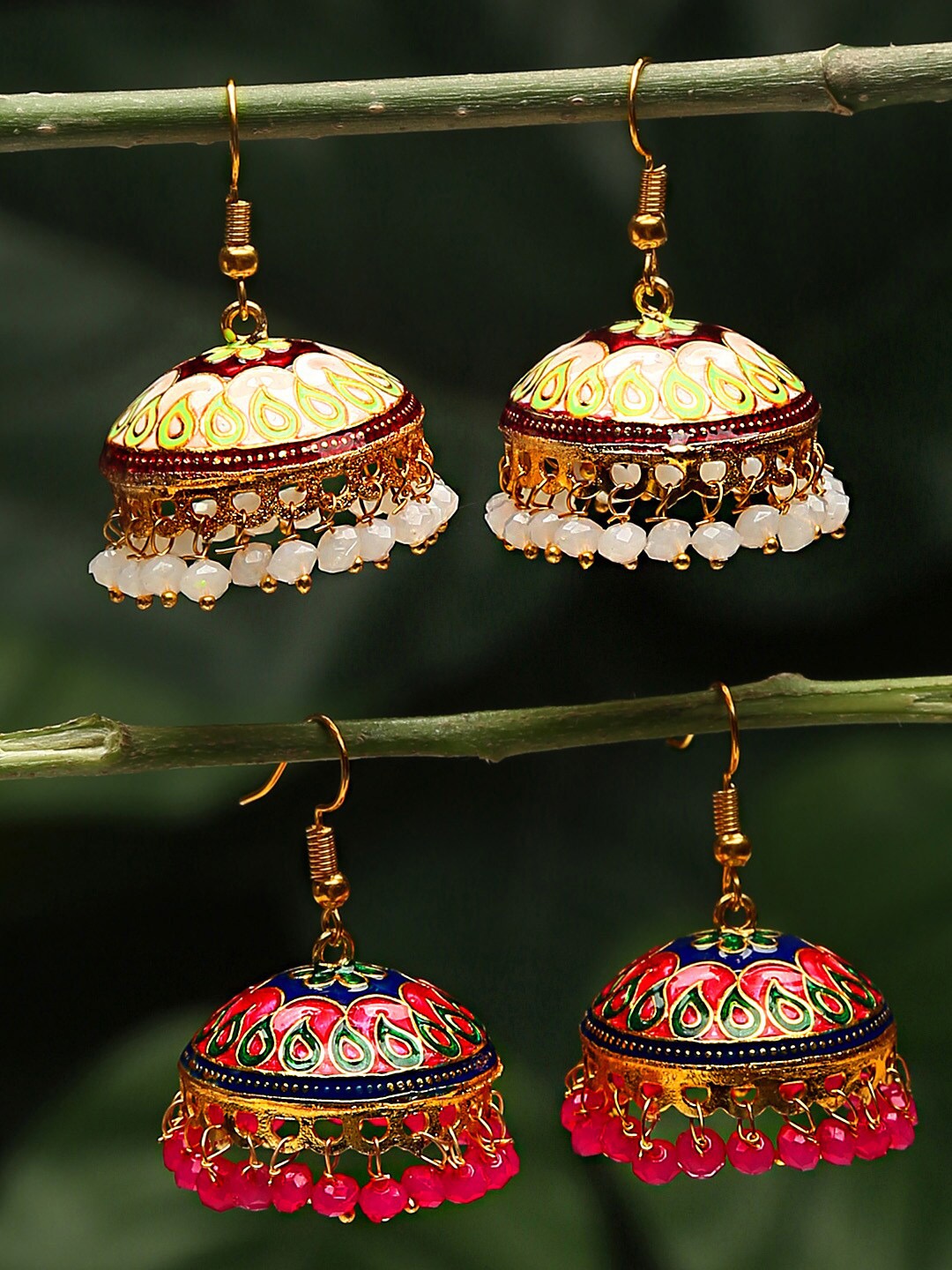 

Yellow Chimes Set Of 2 Gold-Plated Meenakari Jhumka Earrings, Multi