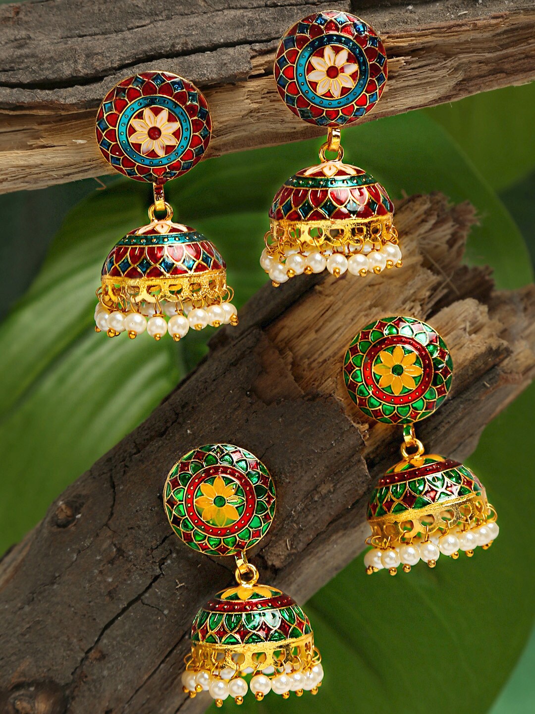 

Yellow Chimes Set Of 2 Gold-Plated Meenakari Jhumka Earrings, Multi