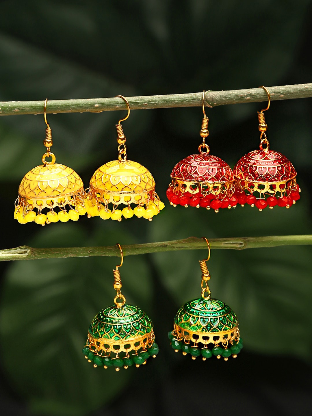 

Yellow Chimes Pack of 3 Dome Shaped Jhumkas Earrings